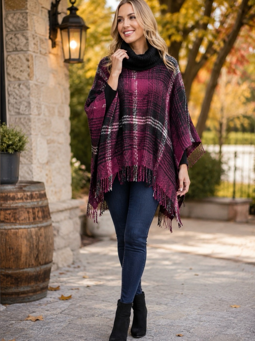 Max Edition Plaid Fringe Poncho L XL Plum Black Turtleneck NWT